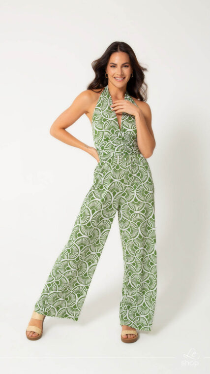 Enterizo largo halter Verde Blanco LD3418