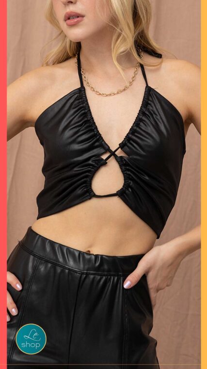 Blusa corta halter tipo cuerina negro LT9068