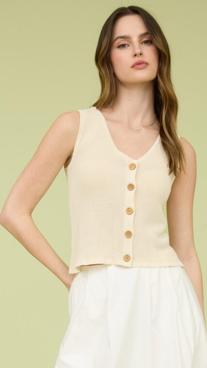 Blusa tejida botones sin manga Crema LT10791