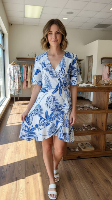 Vestido hojas manga corta Azul Blanco LD3820