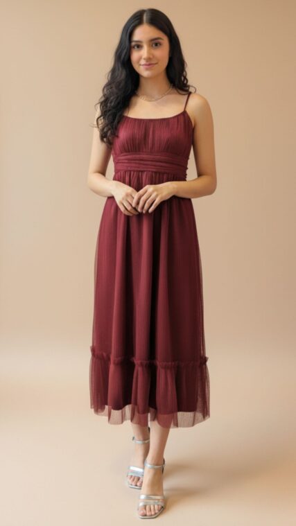 Vestido maxi tule tirante Rojo Vino LD3862