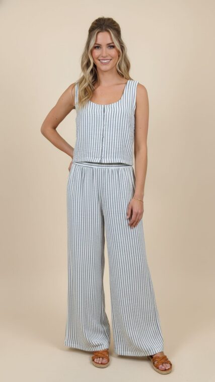 Conjunto blusa y pantalon rayas Azul Blanco LD3719
