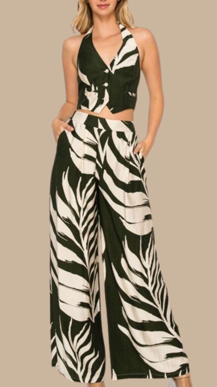 Conjunto blusa y pantalon largo hojas Verde Beige LD3922