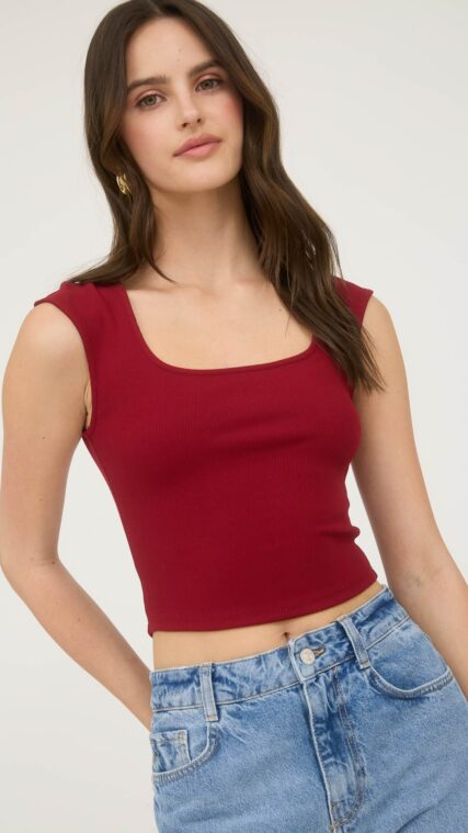 Blusa sin manga acanalada Rojo Vino LT11004