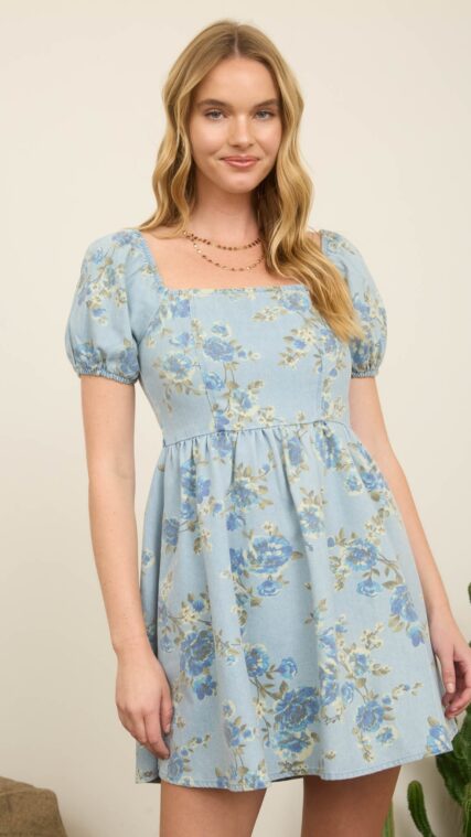 Vestido manga corta mezclilla flores Azul Claro LD3969
