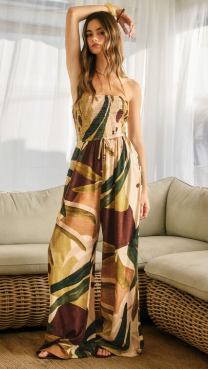 Enterizo largo strapless hojas Verde Cafe LD3987