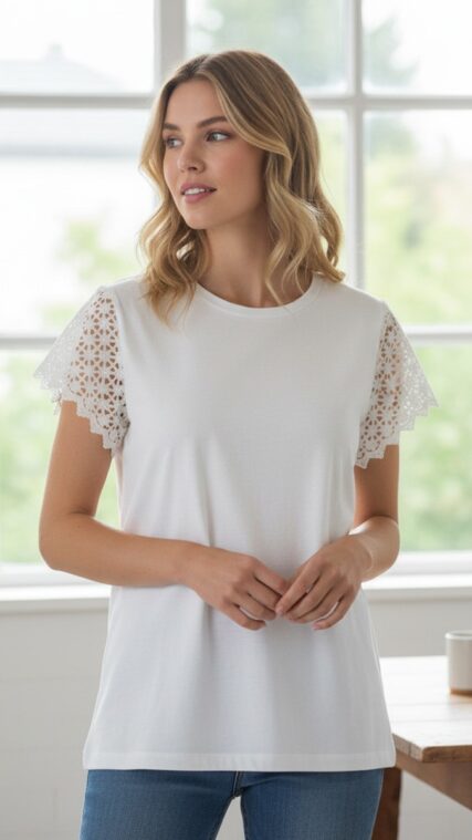Blusa manga corta detalle tejido Blanco LT11200