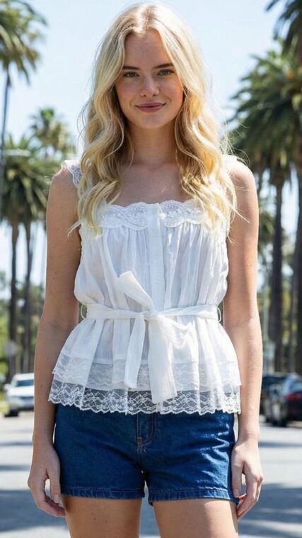 Blusa botones y detalle de encaje Blanco LT11313