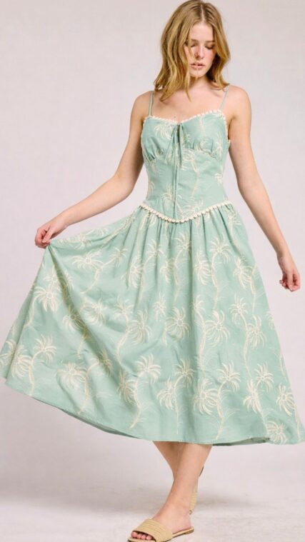 Vestido maxi tirante palmeras bordado Verde Malva LD4009