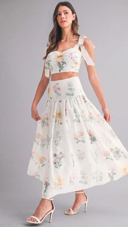 Conjunto blusa y falda maxi flores Blanco Verde LD4018