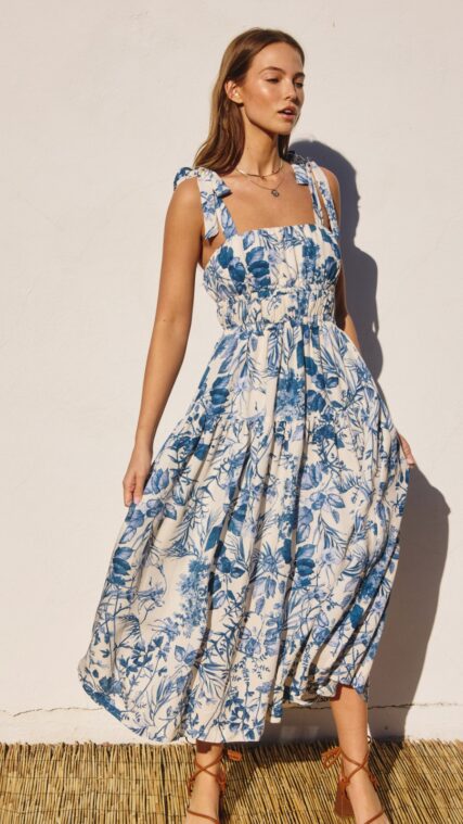 Vestido maxi lazos flores Azul Blanco LD4051