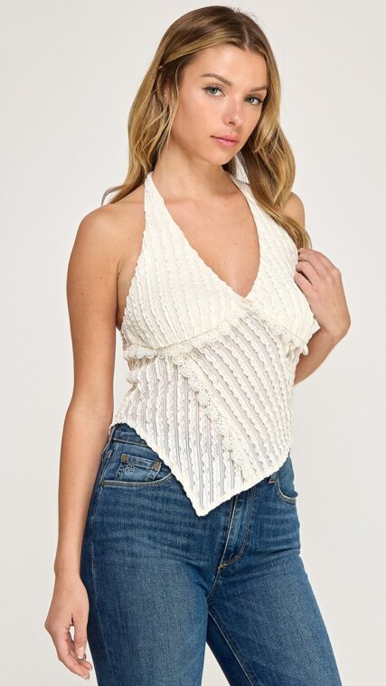 Blusa textura halter asimetrica Crema LT11437