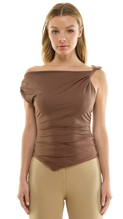 Blusa asimetrica hombro arrollado Cafe Nuez LT11392