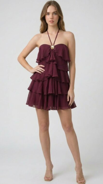 Vestido corto capas halter Rojo Vino LD4086