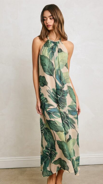 Vestido maxi halter hojas Verde LD4080