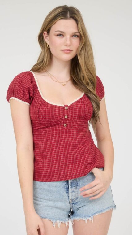 Blusa manga corta cuadros Rojo Vino LT11353