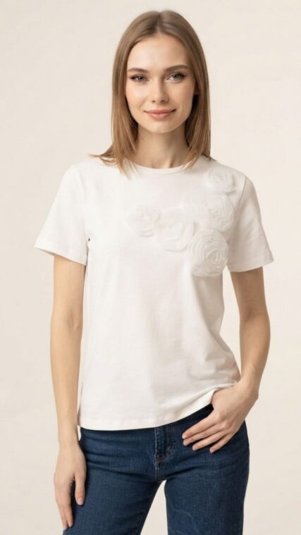 Blusa manga corta flores en 3D Blanco LT11434